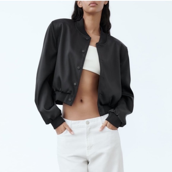 Zara Shiny Cropped Bomber Jacket Shoulder Pads Size Extra Small - Picture 2 of 9